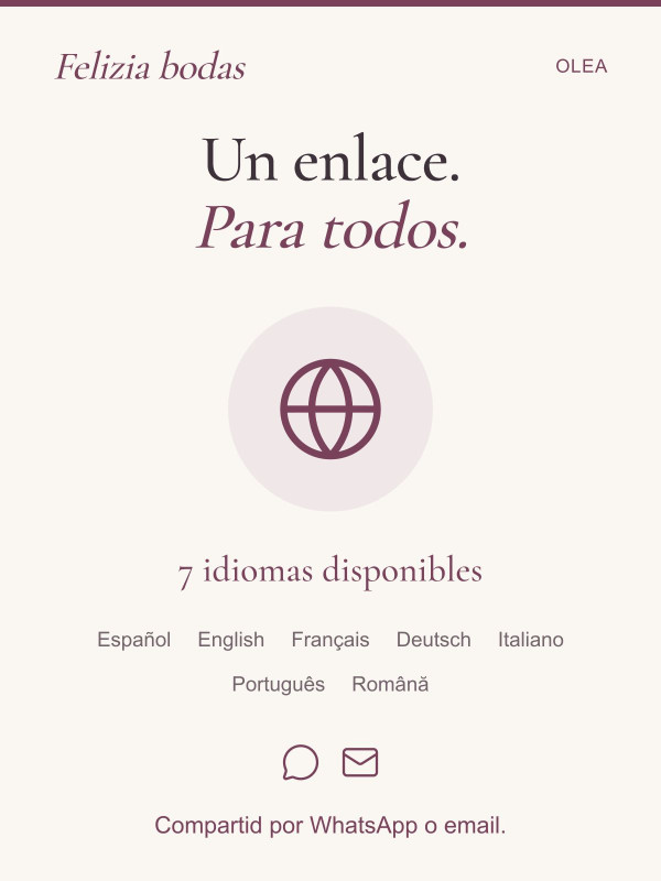 Compartid vuestra invitación por WhatsApp o email, con siete idiomas disponibles.