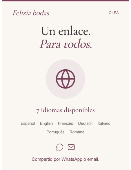 Compartid vuestra invitación por WhatsApp o email, con siete idiomas disponibles.