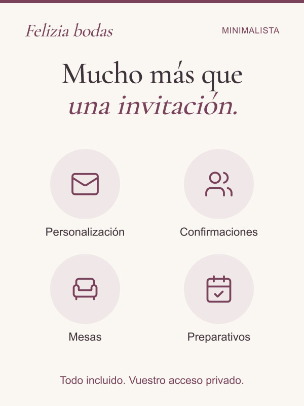 Invitación Minimalista: personalización, confirmaciones, mesas y preparativos incluidos en vuestra área privada.
