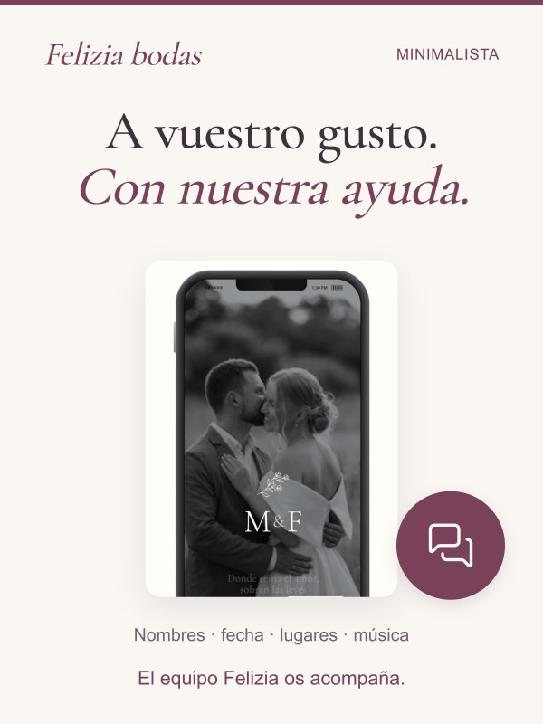 Invitación Minimalista personalizada con vuestros nombres, fecha, lugares y música, con ayuda del equipo Felizia.