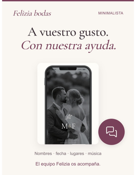 Invitación Minimalista personalizada con vuestros nombres, fecha, lugares y música, con ayuda del equipo Felizia.