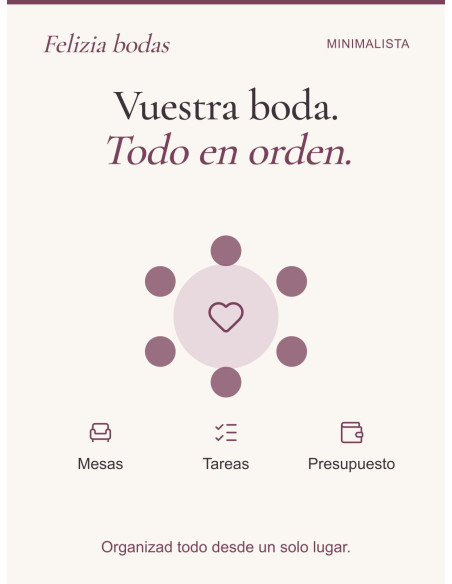 Organizad invitados, mesas, tareas y presupuesto de vuestra boda en un solo lugar.