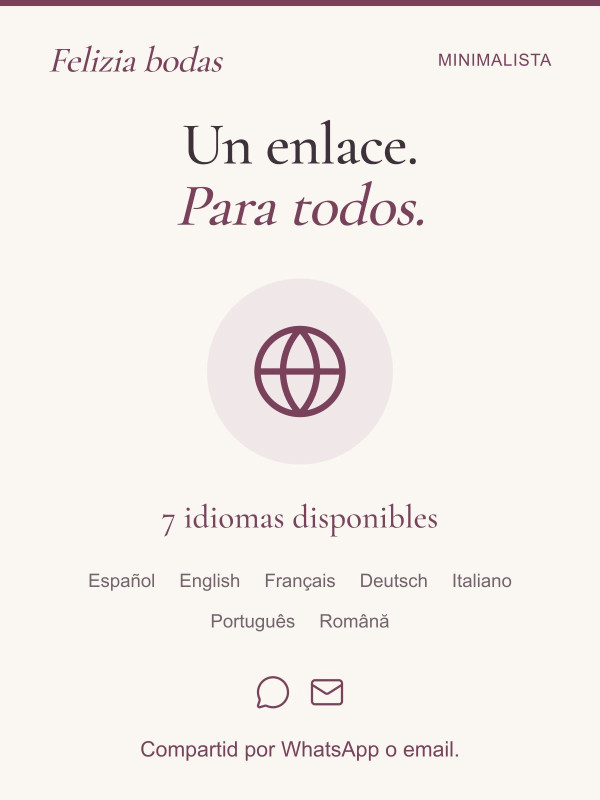 Compartid vuestra invitación por WhatsApp o email, con siete idiomas disponibles.