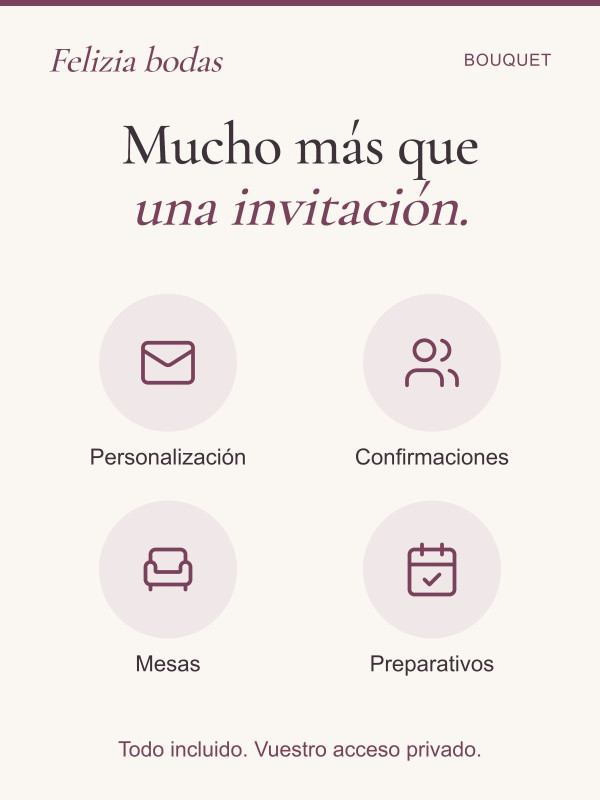 Invitación Bouquet: personalización, confirmaciones, mesas y preparativos incluidos en vuestra área privada.