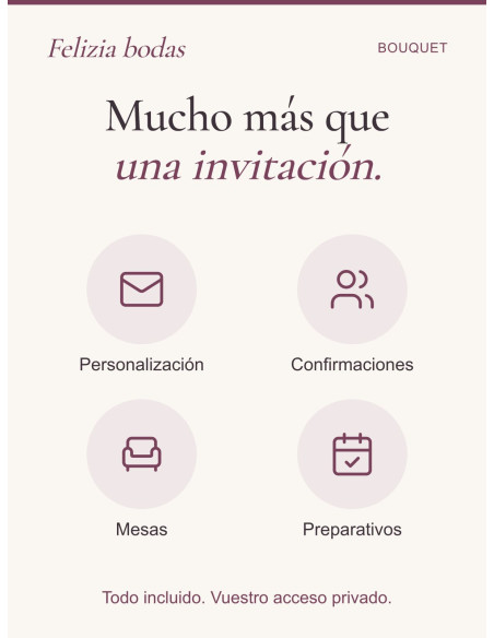 Invitación Bouquet: personalización, confirmaciones, mesas y preparativos incluidos en vuestra área privada.