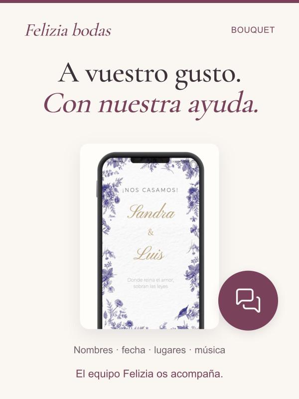 Invitación Bouquet personalizada con vuestros nombres, fecha, lugares y música, con ayuda del equipo Felizia.