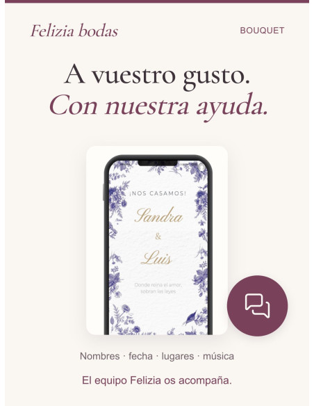 Invitación Bouquet personalizada con vuestros nombres, fecha, lugares y música, con ayuda del equipo Felizia.