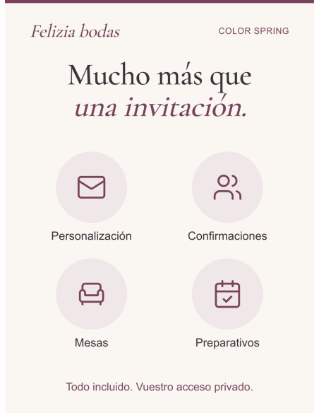 Invitación Color Spring: personalización, confirmaciones, mesas y preparativos incluidos en vuestra área privada.
