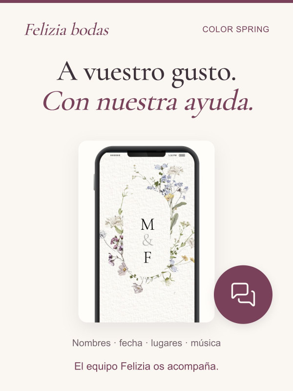 Invitación Color Spring personalizada con vuestros nombres, fecha, lugares y música, con ayuda del equipo Felizia.