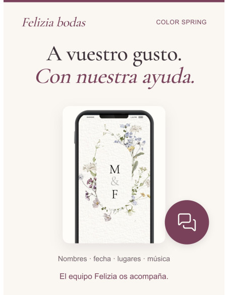 Invitación Color Spring personalizada con vuestros nombres, fecha, lugares y música, con ayuda del equipo Felizia.