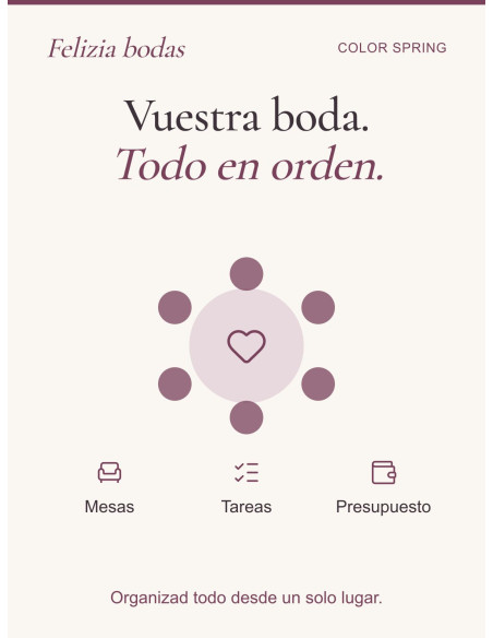Organizad invitados, mesas, tareas y presupuesto de vuestra boda en un solo lugar.
