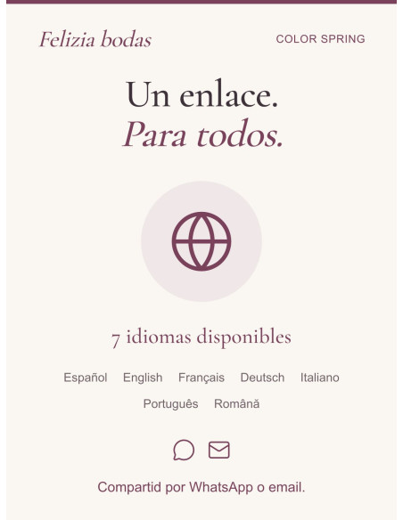 Compartid vuestra invitación por WhatsApp o email, con siete idiomas disponibles.