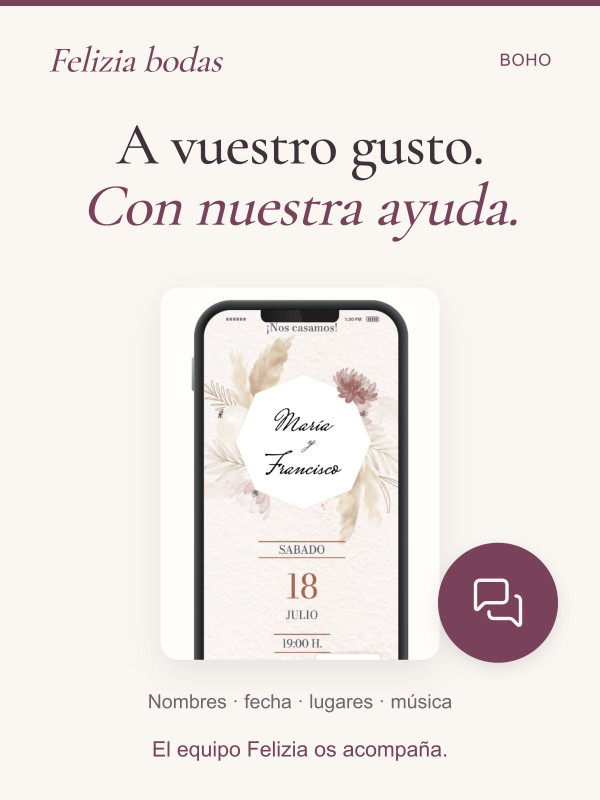 Invitación Boho personalizada con vuestros nombres, fecha, lugares y música, con ayuda del equipo Felizia.