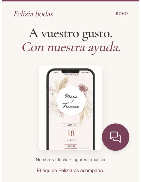 Invitación Boho personalizada con vuestros nombres, fecha, lugares y música, con ayuda del equipo Felizia.