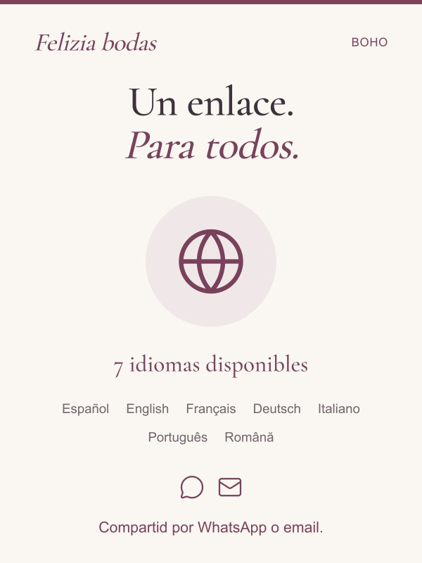 Compartid vuestra invitación por WhatsApp o email, con siete idiomas disponibles.