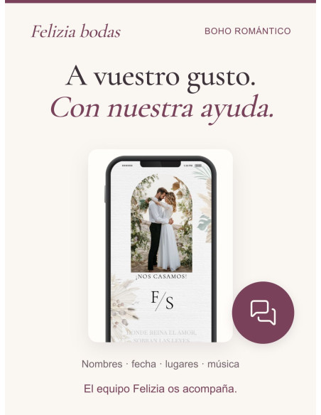 Invitación Boho Romántico personalizada con vuestros nombres, fecha, lugares y música, con ayuda del equipo Felizia.
