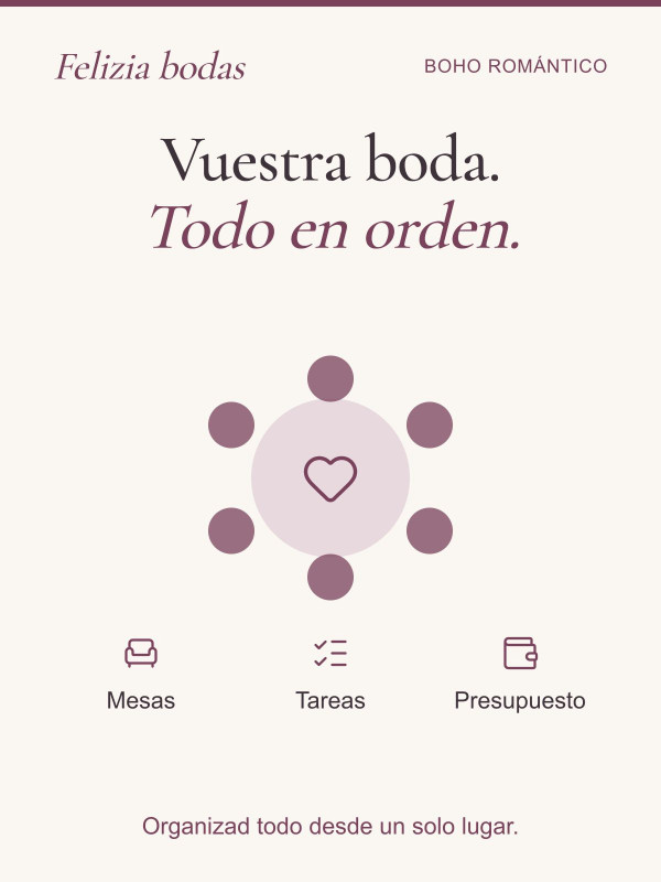 Organizad invitados, mesas, tareas y presupuesto de vuestra boda en un solo lugar.