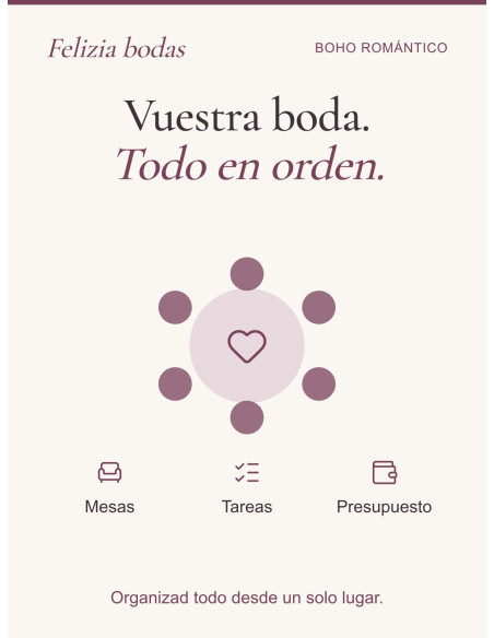 Organizad invitados, mesas, tareas y presupuesto de vuestra boda en un solo lugar.