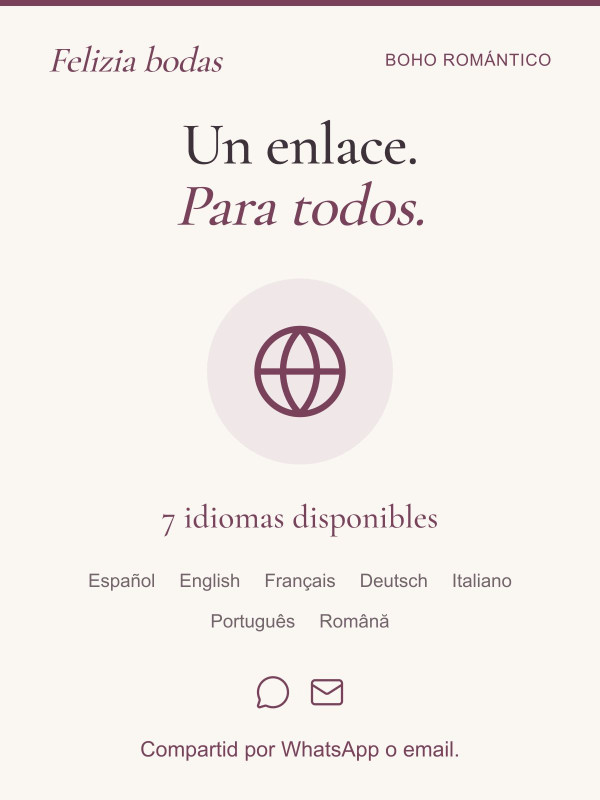 Compartid vuestra invitación por WhatsApp o email, con siete idiomas disponibles.