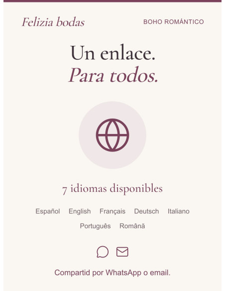 Compartid vuestra invitación por WhatsApp o email, con siete idiomas disponibles.