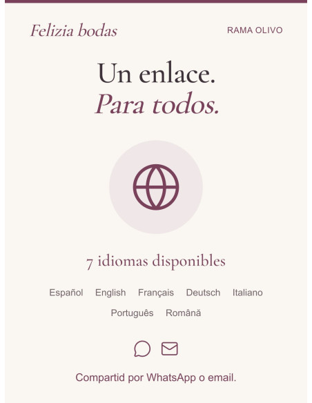 Compartid vuestra invitación por WhatsApp o email, con siete idiomas disponibles.