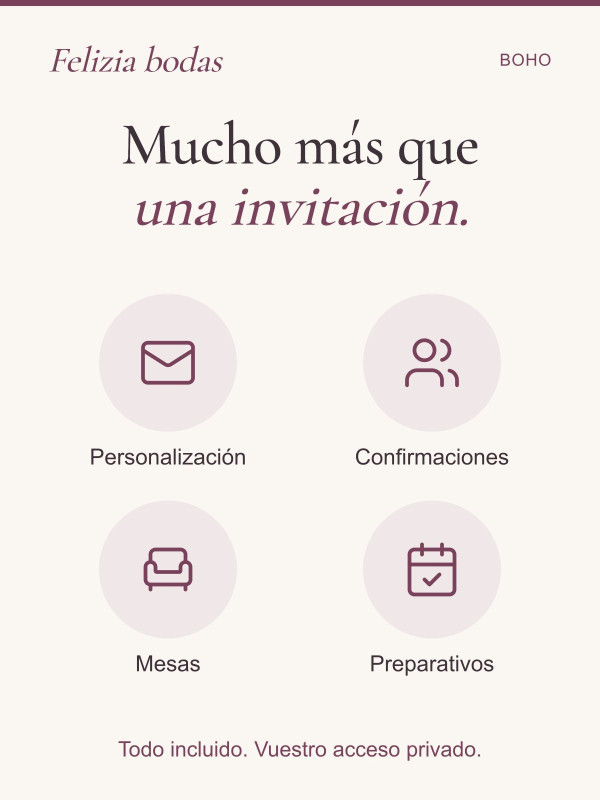 Invitación Boho: personalización, confirmaciones, mesas y preparativos incluidos en vuestra área privada.