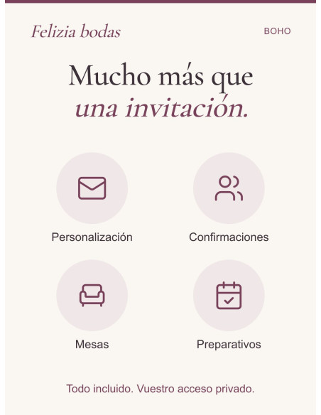 Invitación Boho: personalización, confirmaciones, mesas y preparativos incluidos en vuestra área privada.
