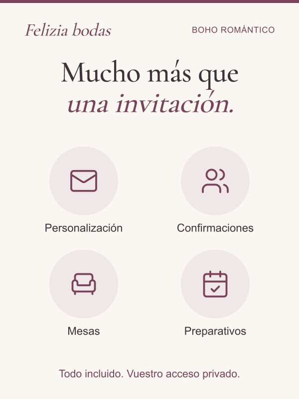 Invitación Boho Romántico: personalización, confirmaciones, mesas y preparativos incluidos en vuestra área privada.