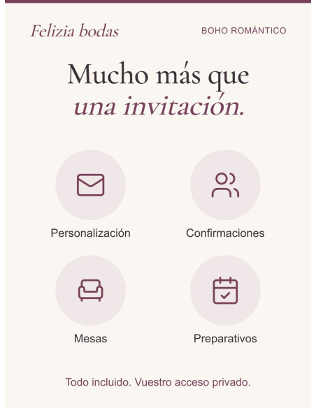 Invitación Boho Romántico: personalización, confirmaciones, mesas y preparativos incluidos en vuestra área privada.