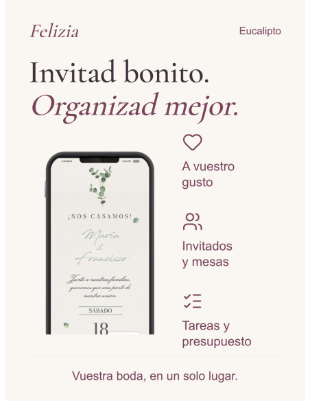 Invitación Eucalipto: diseño personalizado, invitados y mesas, tareas y presupuesto en vuestra área privada Felizia.