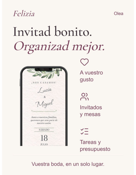 Invitación Olea: diseño personalizado, invitados y mesas, tareas y presupuesto en vuestra área privada Felizia.