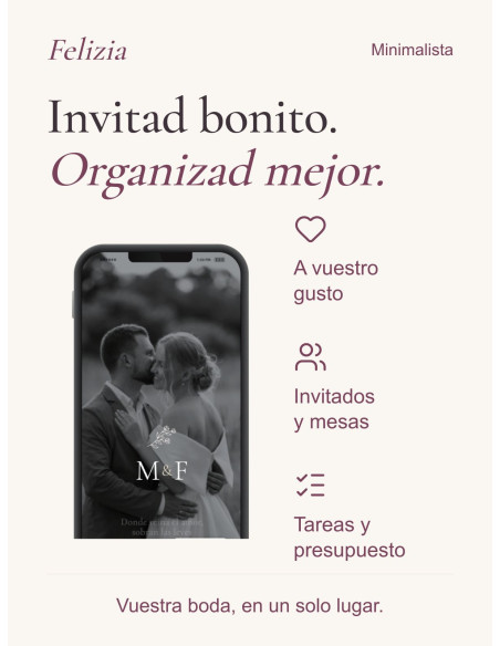 Invitación Minimalista: diseño personalizado, invitados y mesas, tareas y presupuesto en vuestra área privada Felizia.