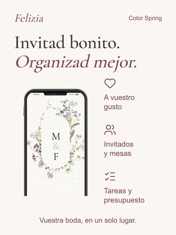 Invitación Color Spring: diseño personalizado, invitados y mesas, tareas y presupuesto en vuestra área privada Felizia.