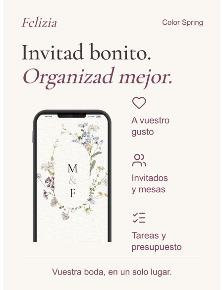 Invitación Color Spring: diseño personalizado, invitados y mesas, tareas y presupuesto en vuestra área privada Felizia.