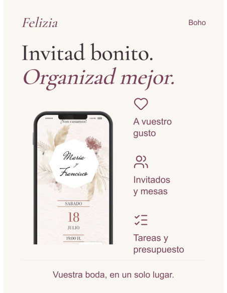 Invitación Boho: diseño personalizado, invitados y mesas, tareas y presupuesto en vuestra área privada Felizia.