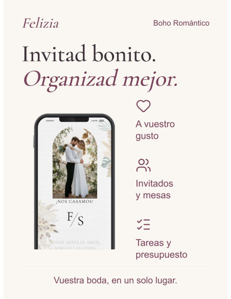 Invitación Boho Romántico: diseño personalizado, invitados y mesas, tareas y presupuesto en vuestra área privada Felizia.