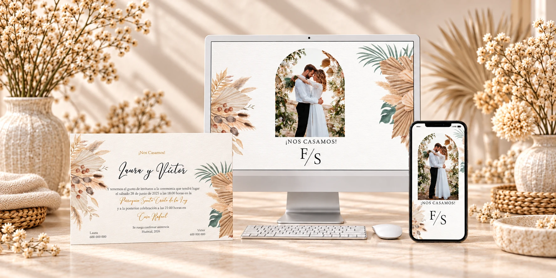Invitación Boho Romántica de Felizia en ordenador, móvil y papel